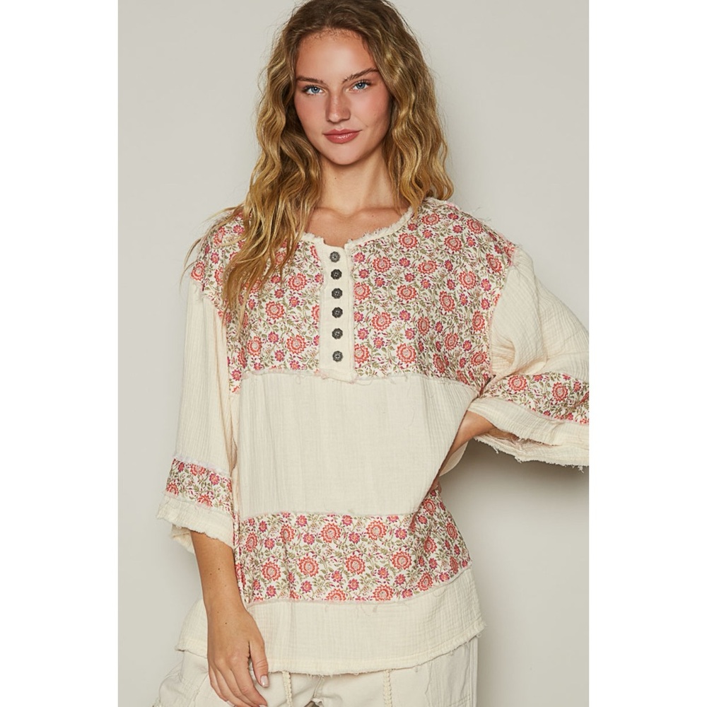 POL Cream 3/4 Sleeve Roomy Fit Henley Top with Floral Contrast - Picture 3 of 10